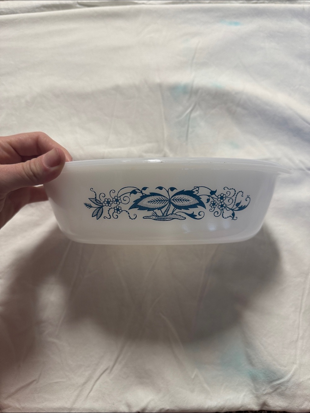 Vintage White Glass Serving Dish with Blue Floral Pattern